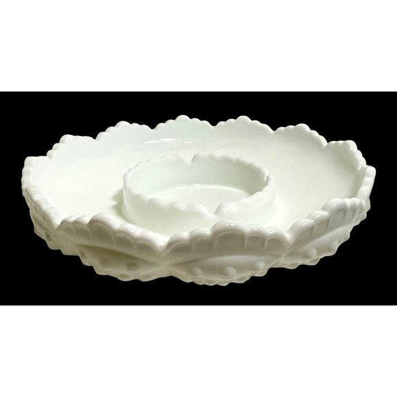 Vintage Fenton Hobnail Scalloped Edge Milk Glass Serving Dish with Center Divide - Picture 1 of 9